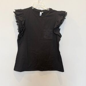 Grace & Karma Chic Black Ruffle Sleeve Shirt Top Eyelet Sz L AZ